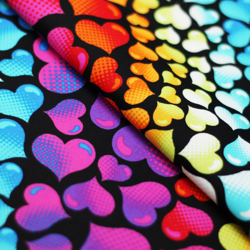 Love Mee Nylon Spandex Fabric - Rainbow Hearts Print, Black Multi Or White Multi, 58-60" Width (1 Yard)