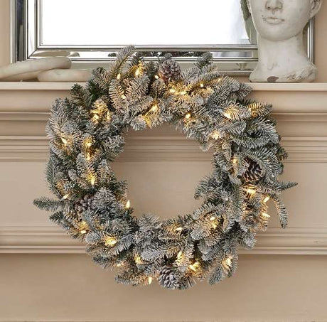24" Lexington Fir Flocked Plug-In Wreath with Warm White LED Lights