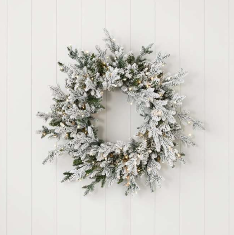 24" Dandan Plug-In Flocked Wreath with Warm White LED Lights