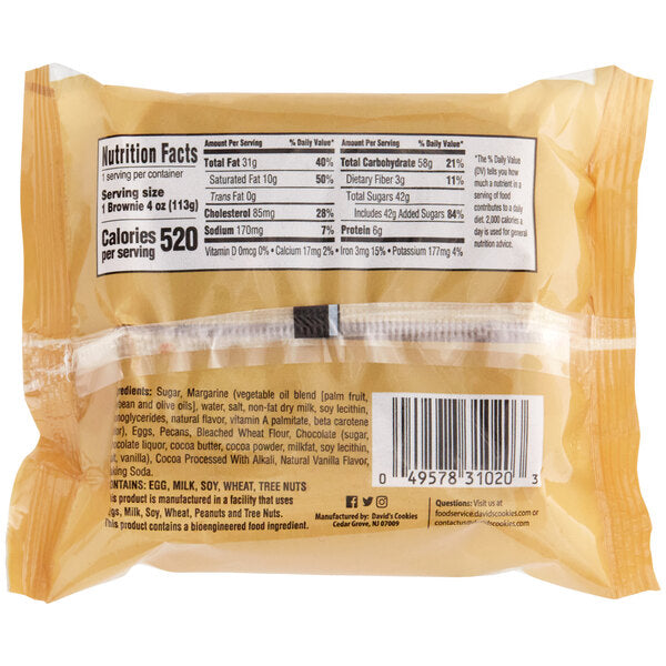 David's Cookies Individually Wrapped Pecan Brownie 4 oz. - 48/Case
