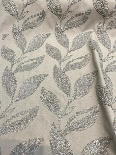 Valiant Dillon Embroidered Crewel Fabric - Natural Taupe Leaf Design, 54" Width (By The Yard)