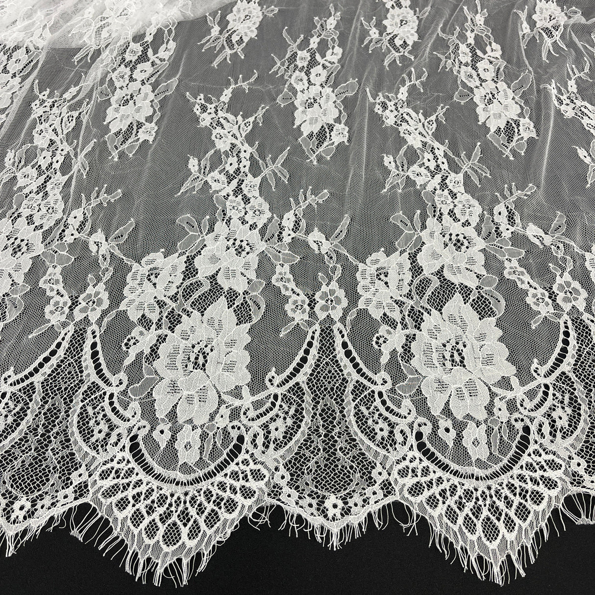 Embroidered Chantilly Lace Fabric with Eyelash Scallop