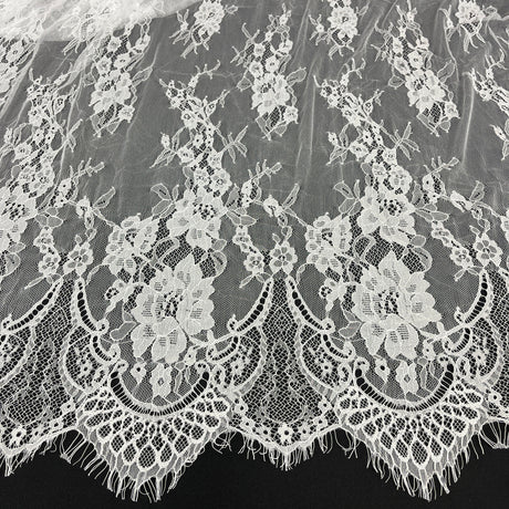 Embroidered Chantilly Lace Fabric with Eyelash Scallop