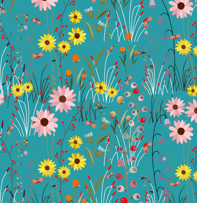 Cotton Fabric Turquoise Over The Hill View 43/44"