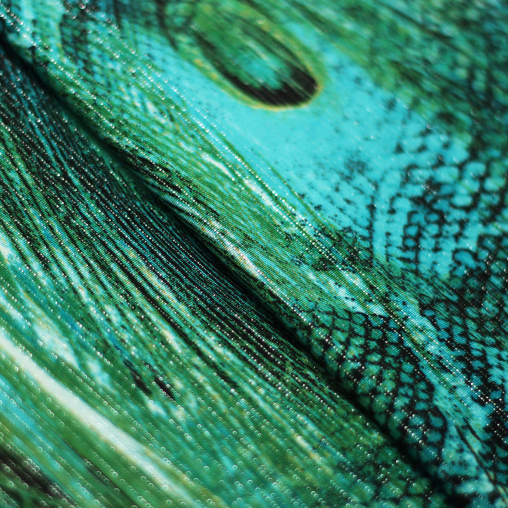 Peacock Strike Polyester Spandex Fabric - Jade Peacock Pattern, 60" Width, 200 GSM, 4-Way Stretch (1 Yard)