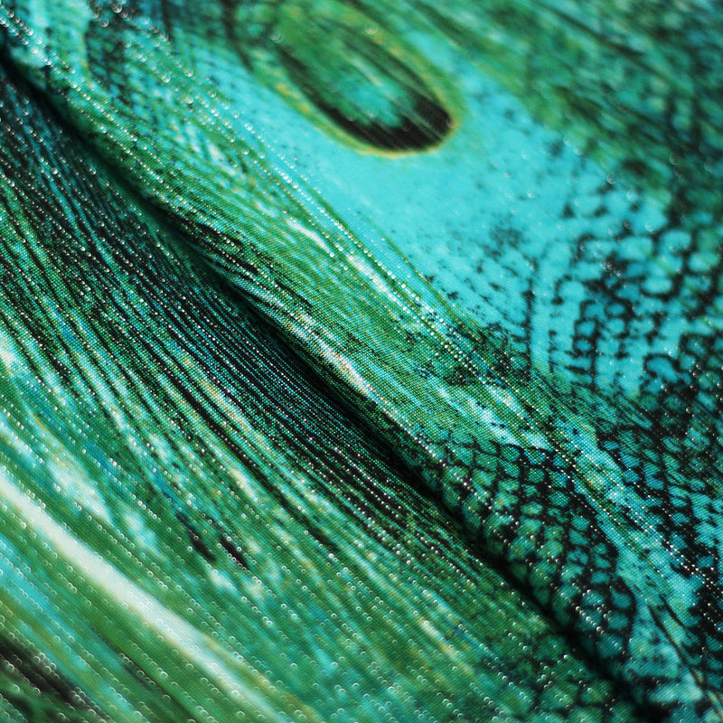 Peacock Strike Polyester Spandex Fabric - Jade Peacock Pattern, 60" Width, 200 GSM, 4-Way Stretch (1 Yard)