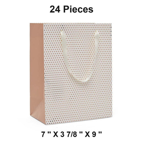 Metallic Dots Euro Totes with Ribbon Handles 7''x 3 7/8 ''x 9''  White / Rose Gold - 12 each / package