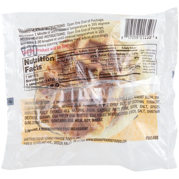 Grand Prairie Sausage and Egg Maple Waffle Sandwich 5.2 oz. - 24/Case