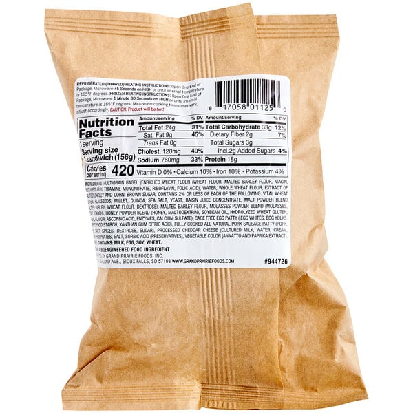 Grand Prairie Sausage, Egg, and Cheese Bagel Sandwich 5 oz. - 24/Case