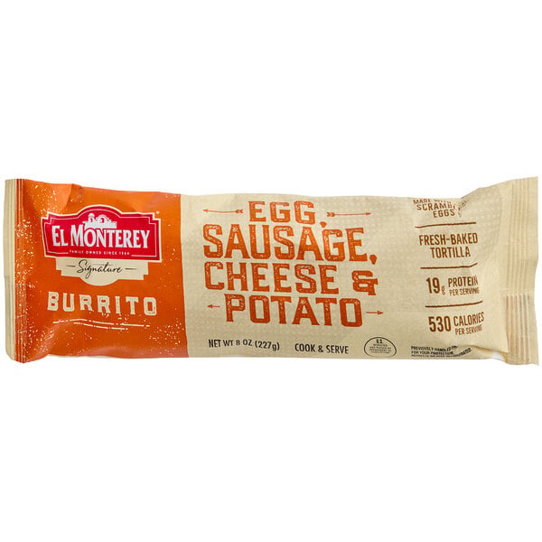 El Monterey Egg, Sausage, Potato, and Cheese Breakfast Burrito 8 oz. - 12/Case