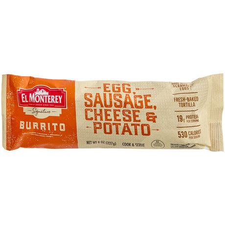 El Monterey Egg, Sausage, Potato, and Cheese Breakfast Burrito 8 oz. - 12/Case