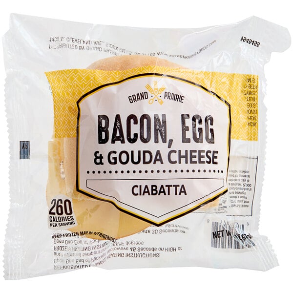 Grand Prairie Applewood Bacon, Egg, and Gouda Ciabatta Sandwich 3.7 oz. - 24/Case