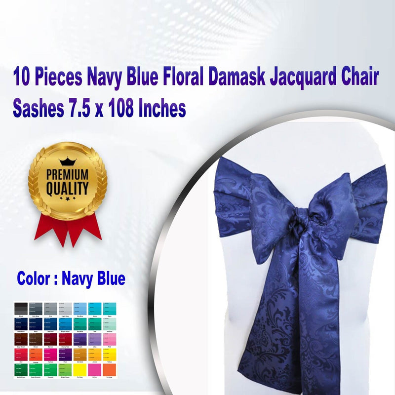 10 Pieces Navy Blue Floral Damask Jacquard Chair Sashes 7.5 x 108 Inches
