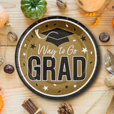 25 Count Gold Way to Go Grad Disposable Paper Dessert Plates 7 1/4 Inch Celebration Plates