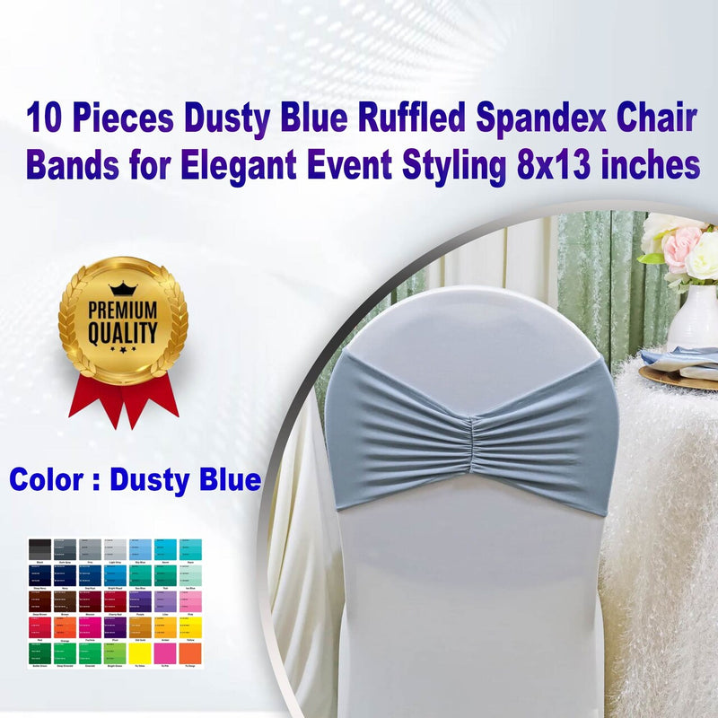 10 Pieces Dusty Blue Ruffled Spandex Chair Bands for Elegant Event Styling 8x13 inches