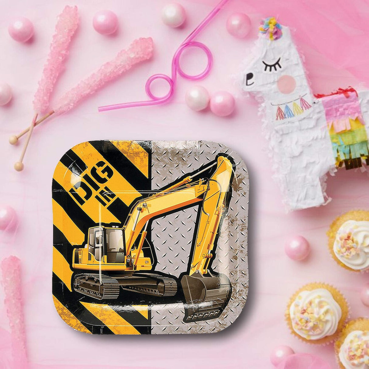 8 Ct. Construction Zone Excavator Square Paper Dessert Plates 7" “Dig In” Party Plates