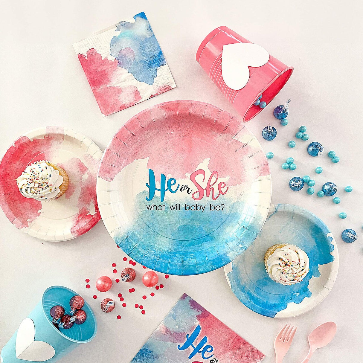8 Ct. Pink & Blue Watercolor Paper Dessert Plates Perfect Gender Reveal Party Plates