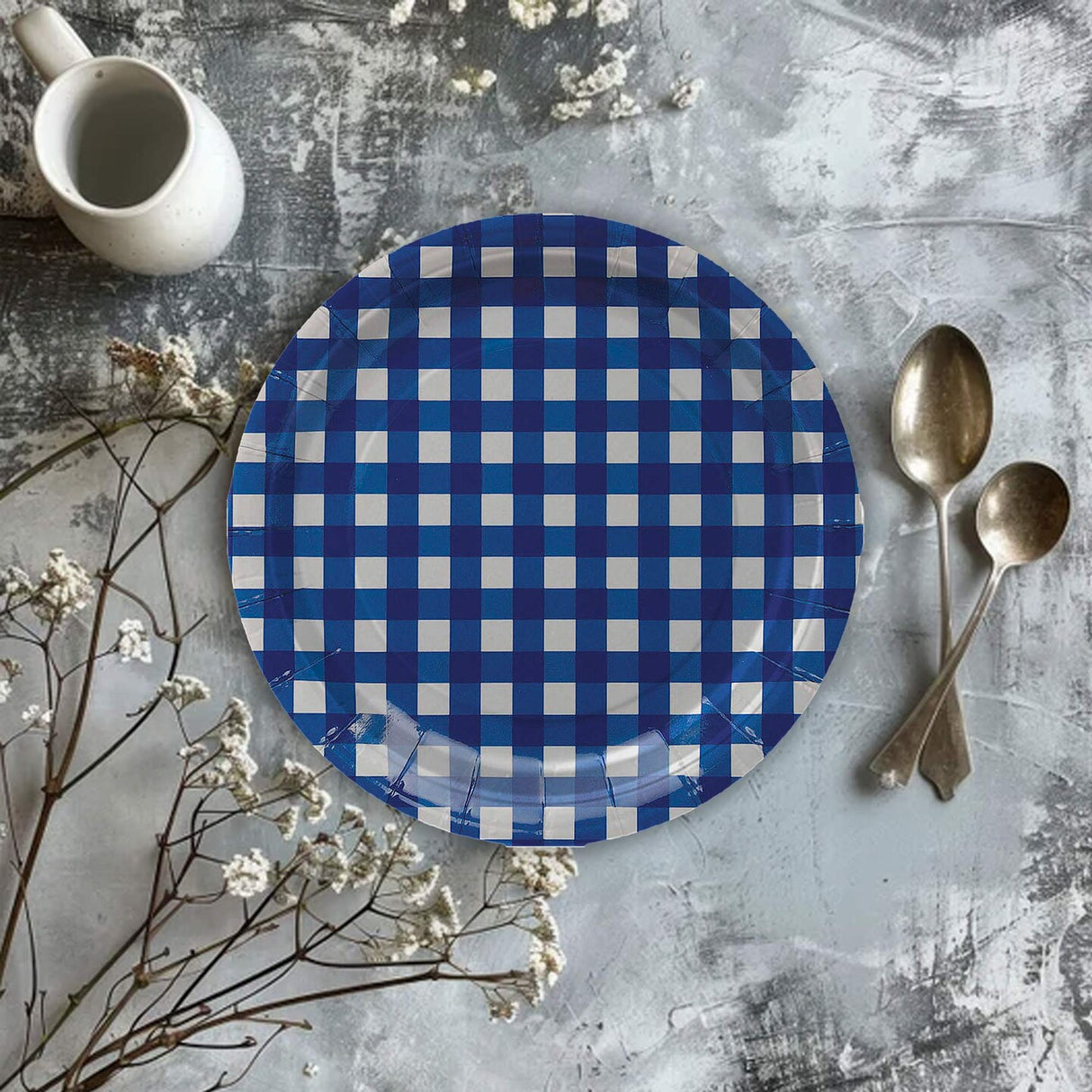 8 Ct. 7.25" Blue Gingham Dessert Plates Round Disposable Paper Plates for Party