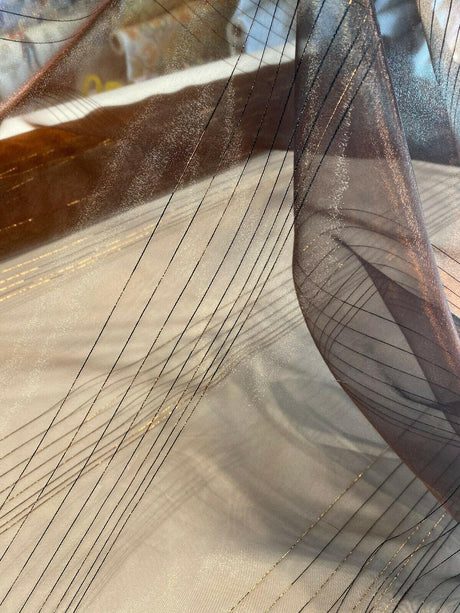 French Bella Stripes Bronze Polyester Fabric - Brown Sheer With Black And Golden Brown Vertical Stripes, 118" Width (1 Yard)