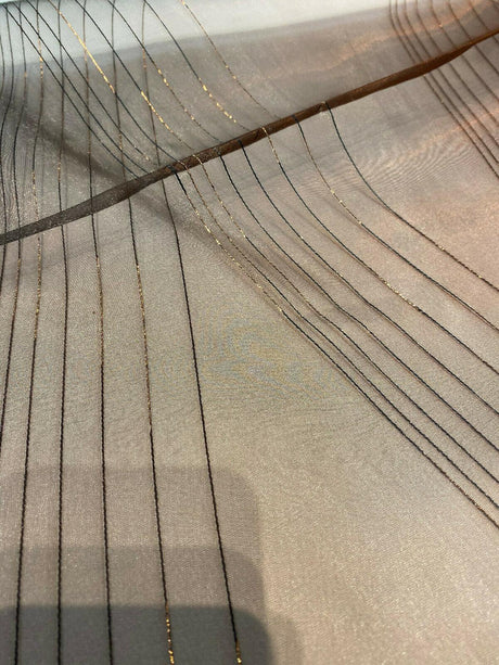 French Bella Stripes Bronze Polyester Fabric - Brown Sheer With Black And Golden Brown Vertical Stripes, 118" Width (1 Yard)