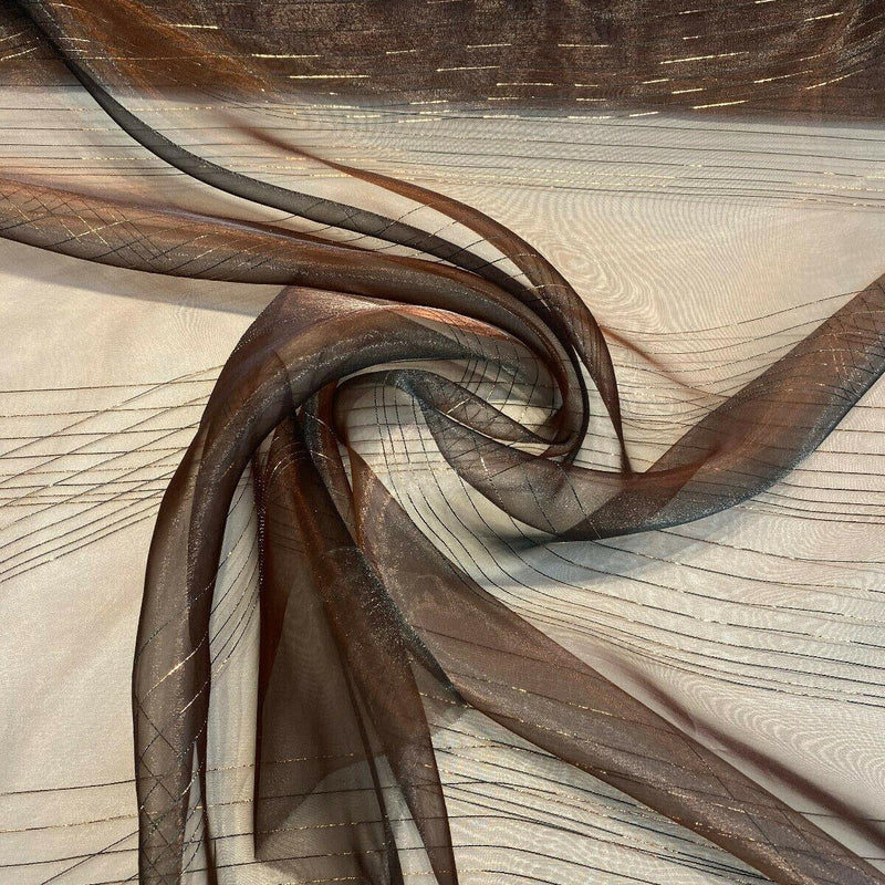 French Bella Stripes Bronze Polyester Fabric - Brown Sheer With Black And Golden Brown Vertical Stripes, 118" Width (1 Yard)
