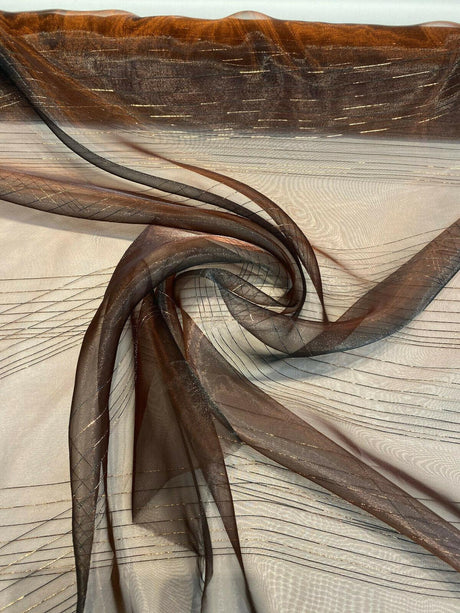 French Bella Stripes Bronze Polyester Fabric - Brown Sheer With Black And Golden Brown Vertical Stripes, 118" Width (1 Yard)
