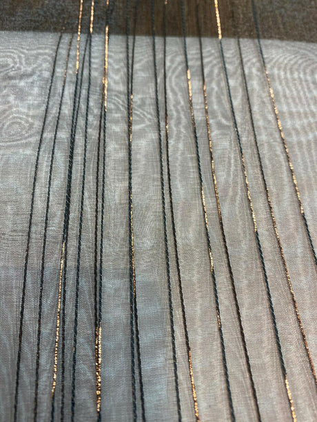 French Bella Stripes Bronze Polyester Fabric - Brown Sheer With Black And Golden Brown Vertical Stripes, 118" Width (1 Yard)