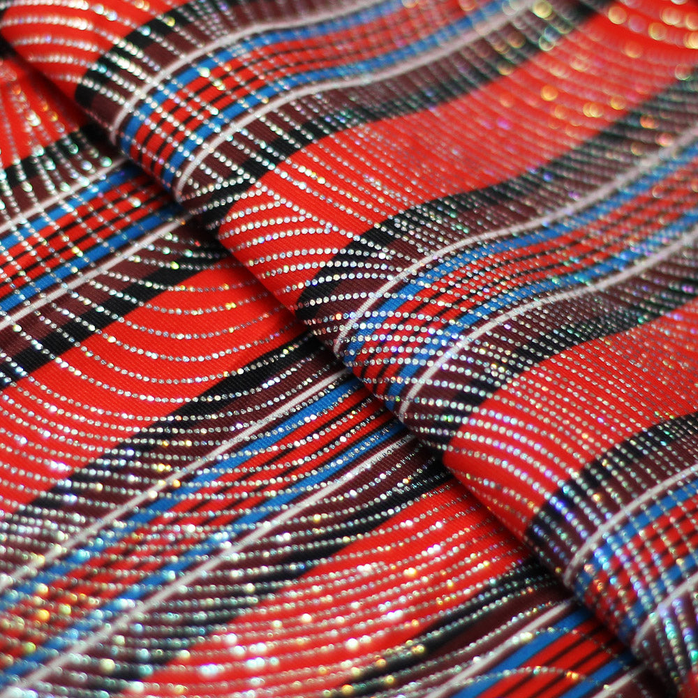 Zulu Stripes Poly Spandex Fabric - Red Multi, Blue Multi, Wide Horizontal Stripes, 58-60" Width (1 Yard)