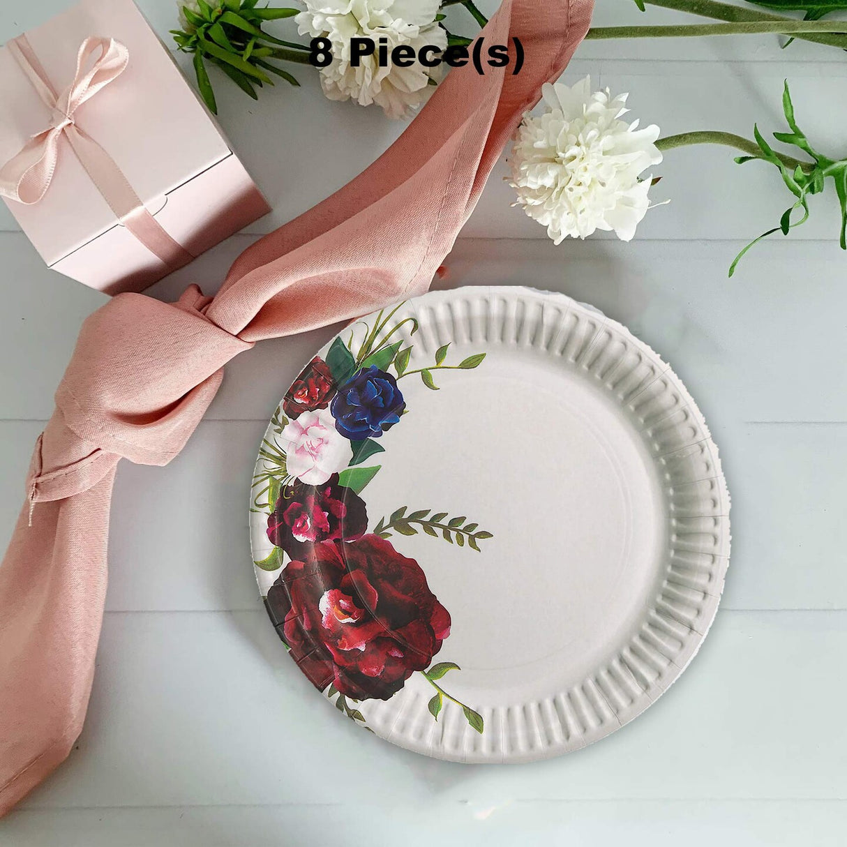 8 Ct. Navy & Red Floral Paper Dessert Plates Elegant Wedding & Shower Tableware 7"