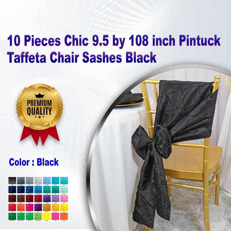 10 Pieces Chic 9.5x108  inch Pintuck Taffeta Chair Sashes Black