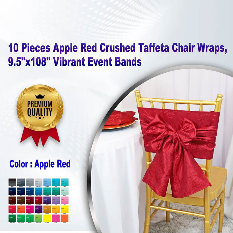 10 Pieces Apple Red Crushed Taffeta Chair Wraps, 9.5"x108" Vibrant Event Bands