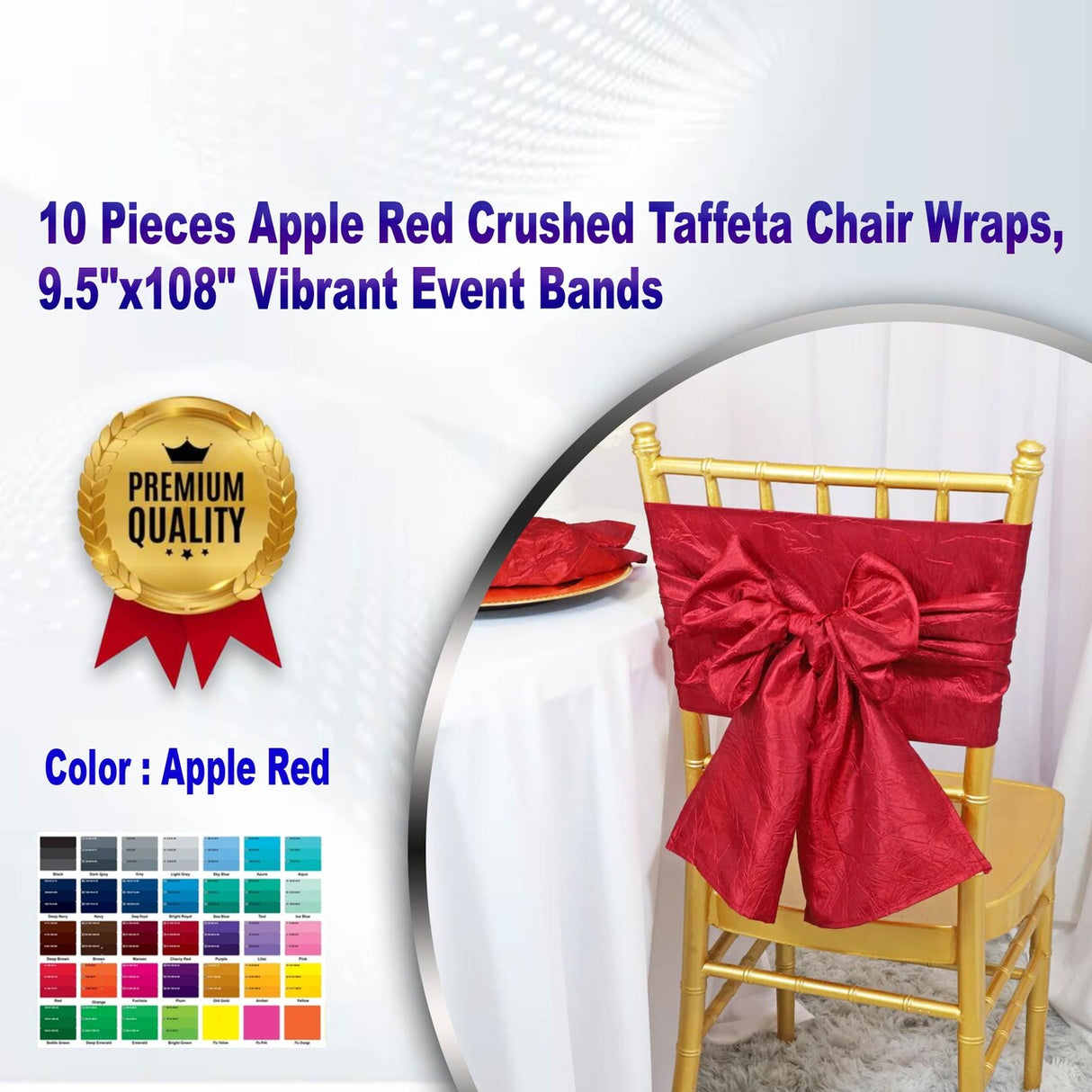10 Pieces Apple Red Crushed Taffeta Chair Wraps, 9.5"x108" Vibrant Event Bands