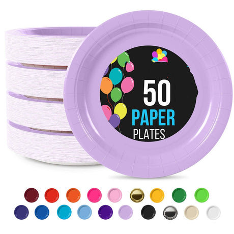 50 Count Lavender Paper Plates 9 Inch Durable Disposable Plates for Parties & Events