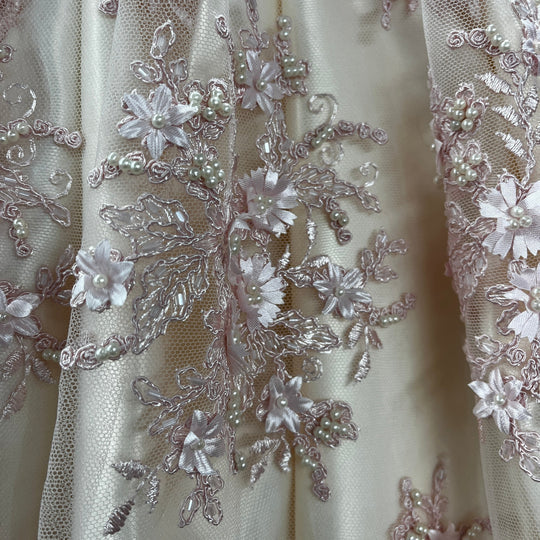 1 Yard Beaded 3D Floral Lace Fabric Embroidered 100 Percent Polyester Net Mesh 50 inch Width