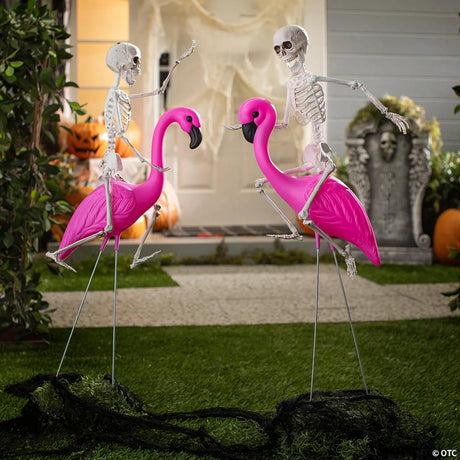 24" Halloween Poseable Skeletons on Pink Flamingos Decorating Kit - 4 Pieces
