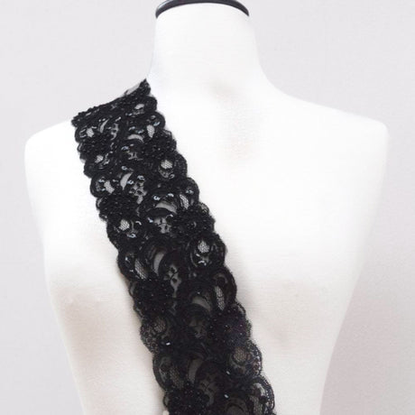 Black Beaded Alencon Lace Trim 3.75in