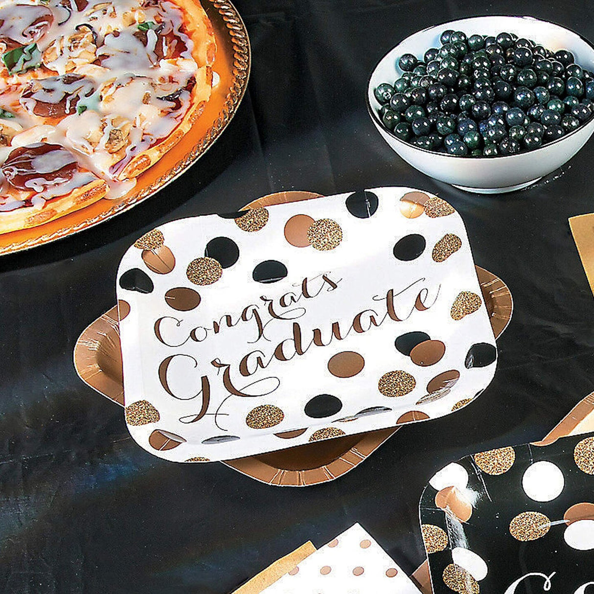 8 Count Black and Gold Graduation Party Congrats Graduate Square Paper Dessert Plates 7 Inch