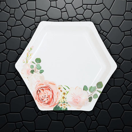 8 Ct. Blush Floral Hexagonal Paper Dessert Plates 7.25" Disposable Elegant Bridal Shower Plates