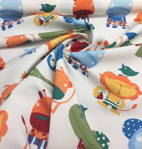 Fabricut Animals Monkey Alligator Spun Polyester Fabric - White Blue Green Orange Yellow, Animals And Tree, 60" Width (1 Yard)