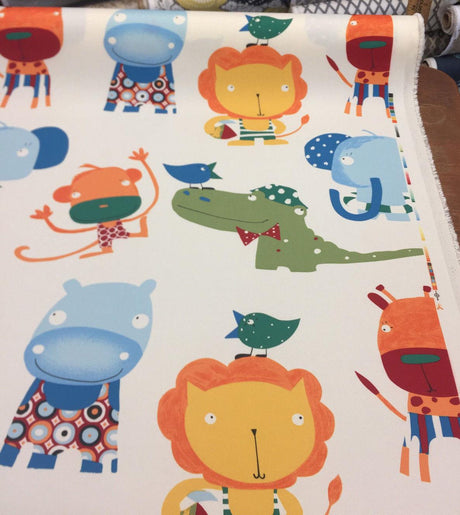 Fabricut Animals Monkey Alligator Spun Polyester Fabric - White Blue Green Orange Yellow, Animals And Tree, 60" Width (1 Yard)