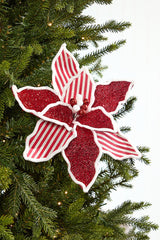 20 Inch x 13 Inch Red & White Striped Glitter Poinsettia Stem