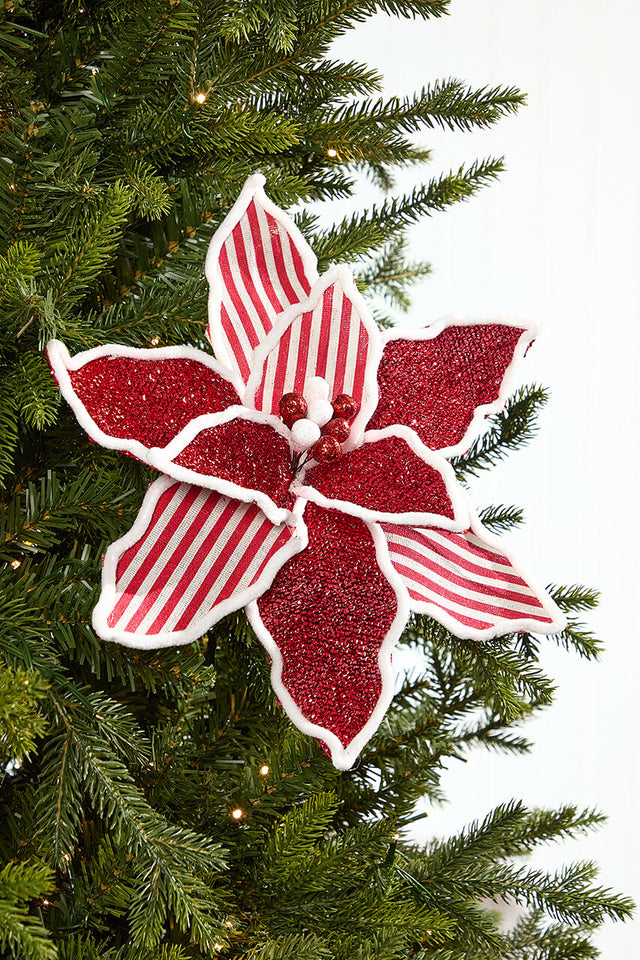20" x 13" Red & White Striped Glitter Poinsettia Stem