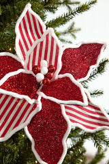 20 Inch x 13 Inch Red & White Striped Glitter Poinsettia Stem