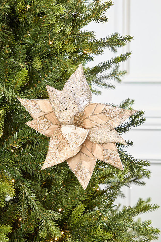 20" x 12" Champagne Jeweled Velvet Poinsettia Stem