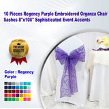 10 Pieces Regency Purple Embroidered Organza Chair Sashes 8"x108" Sophisticated Event Accents