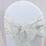 10 Pieces Silver Embroidered Organza Chair Sashes 8"x108" Elegant Event & Wedding Decor