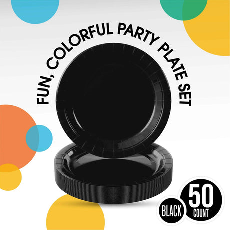50 Count Black Paper Plates 9 Inch Elegant Disposable Dinnerware for Events and Parties