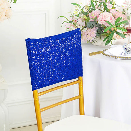 1 Piece Royal Blue Sequin Spandex Chair Cap 13.5 inch by 10 inch Reception Decor