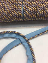 Lavendery Blue Yellow Trim Rope With Gimp Upholstery Fabric - Yellow, Blue, Rust Trim, 3/4" Width (10 Yards)