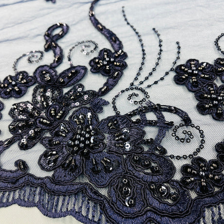 Beaded Corded Lace Fabric on Polyester Net Mesh